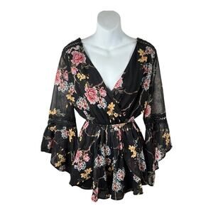TRAC Black Floral Bell Sleeve Shorts Romper Size Medium NWT Dress Up Boho
